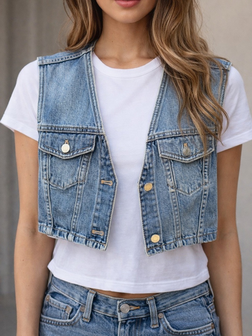 Cropped Light Wash Denim Vest - Blue